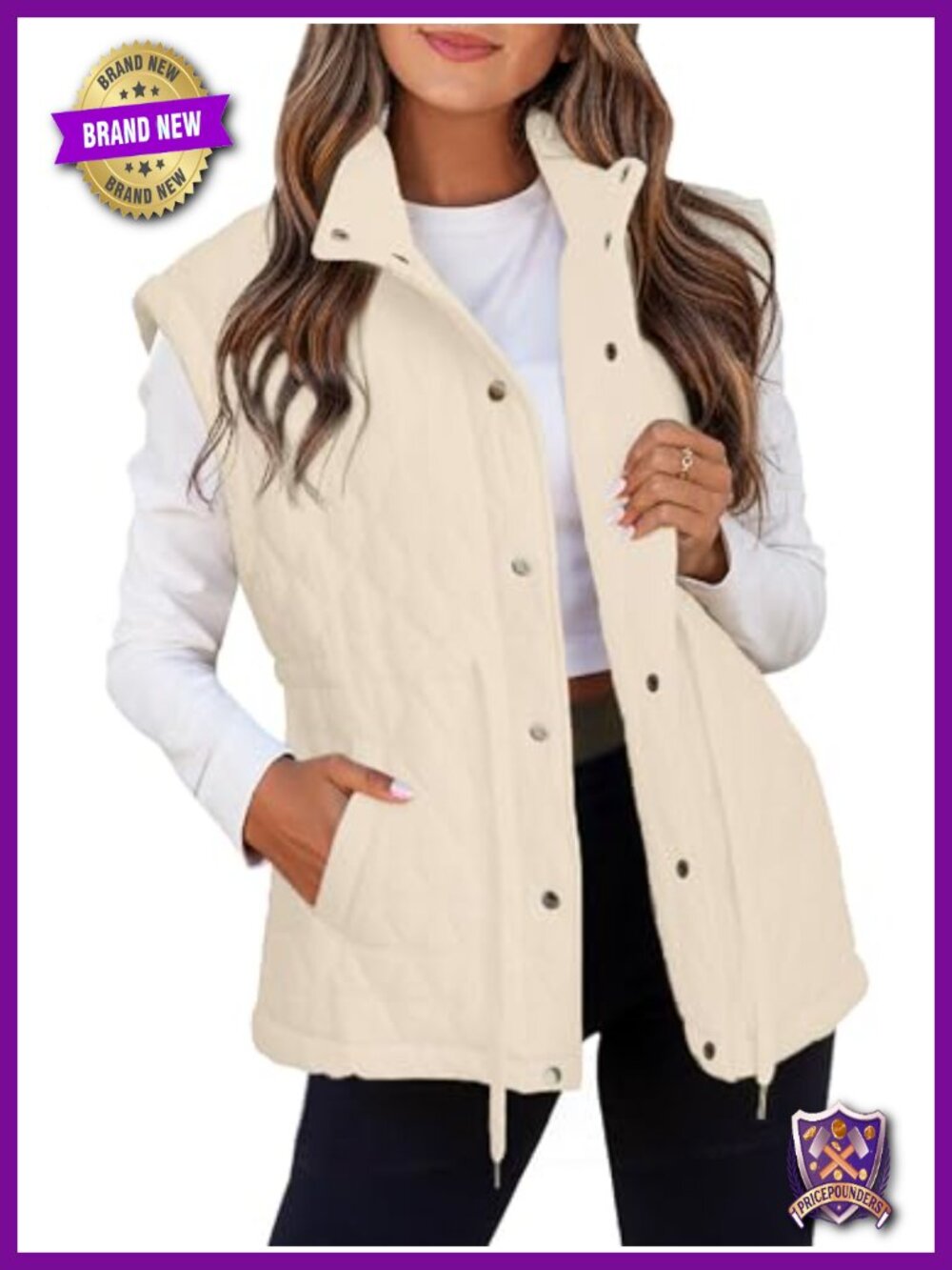 Quilted Puffer Vest Lightweight Sleeveless Drawstring Waist Quilted Jacket